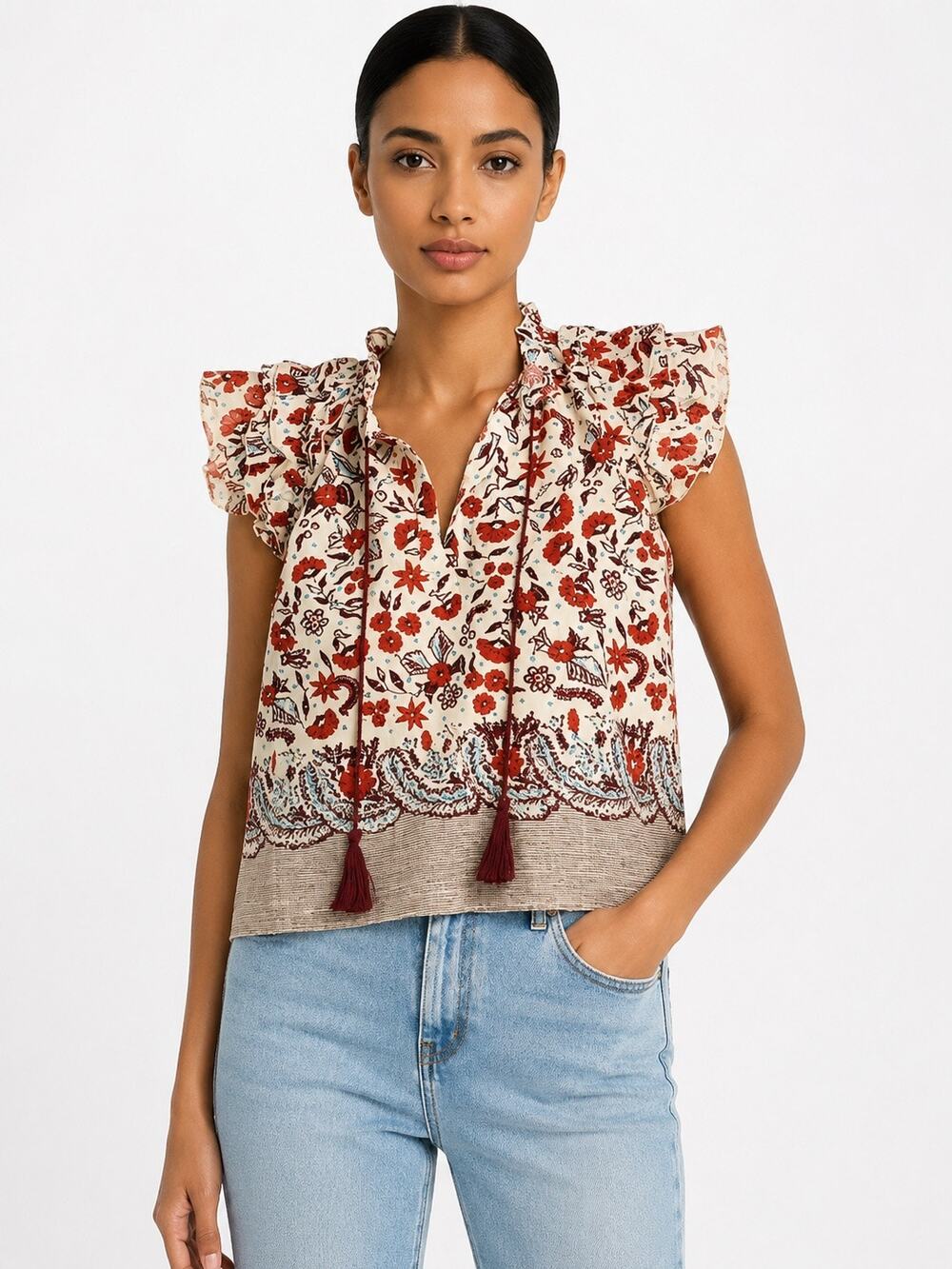 KOURT NWT Women’s Size Large Floral Tassel Tie Ruffle Sleeve Boho Blouse Top